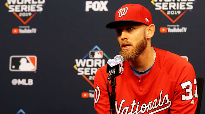 Oct 22, 2019; Houston, TX, USA; Washington Nationals starting pitcher Stephen Strasburg (37) speaks during a press conference before game one of the 2019 World Series at Minute Maid Park. Mandatory Credit: Thomas B. Shea-USA TODAY Sports